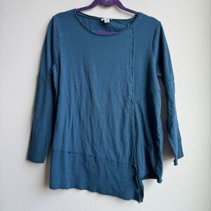 Sundance Lagenlook Boho Raw Hem Teal Blue 100% Cotton Blouse Top Size Medium